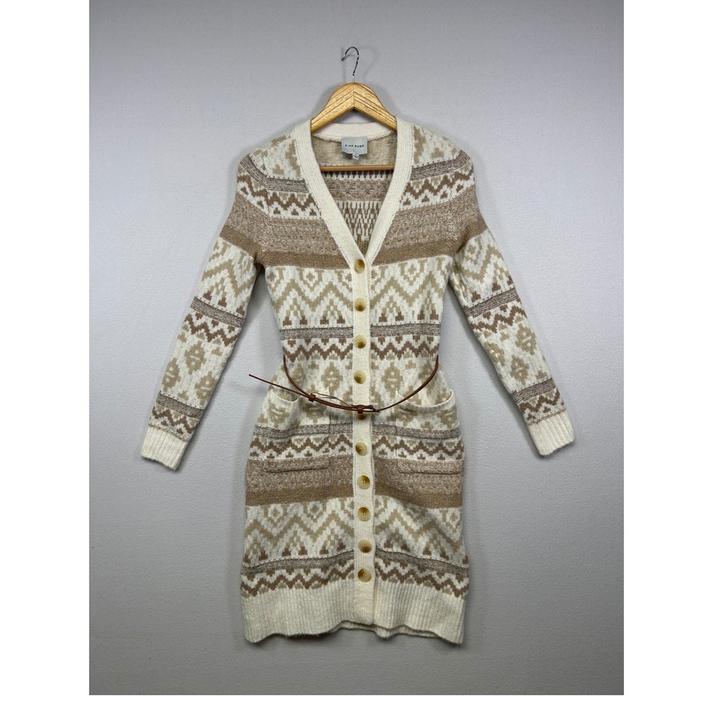 Boho Cottagecore Pink Rose Womens Small Cream Fair Isle Belted Longline Cardigan